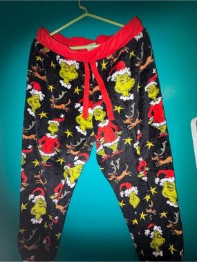 Women Black Grinch Holiday Pajama Pants with Red Waistband large
